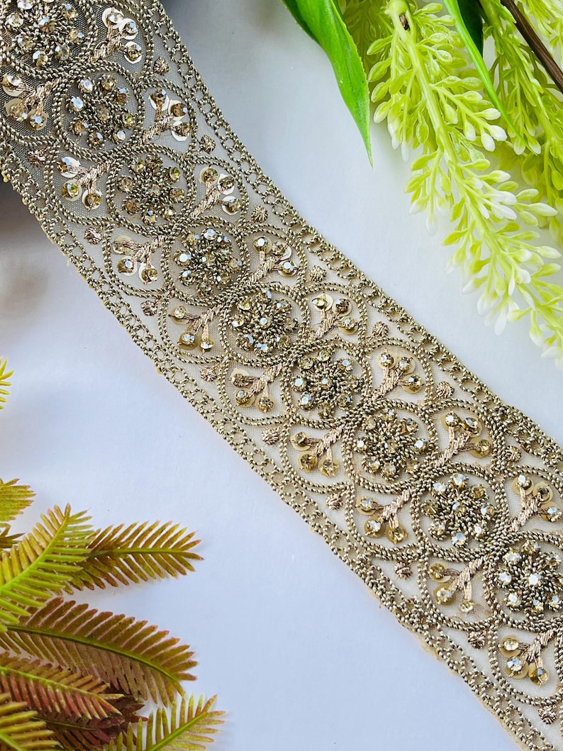 Luxury Gold Rhinestone Embellished Trim, Embroidery Craft Ribbon, 1 Yard , rhinestone trim, gold sari border, bridal dress trim, indian lace ribbon, zari embroidery trim, costume sewing trim, bridal lace border, designer saree lace, gold wedding trim, embroidered trim, rhinestone border, craft embellish trim, sewing supplies