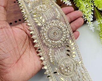 Gold Zari Lace Trim: Pearl Mirror Beaded Indian Embroidered Border