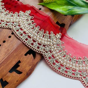1 Yard Pearl - Zircon Embellished Dark Red Trim, Indian Embroidered Zircon -Zardozi Scalloped Border Saree Trim, 5.5&quot; cm Wide