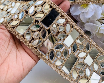 Gold Symmetric Mirror Sari Border: Indian Wedding Dress Trim , (3 Inch Wide) 1 Yard