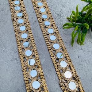 Handcrafted Gold Mirror Lace Trim | Designer Cutwork Border(1 Inch Wide), 1 Yard , Mirror lace fabric, wedding dress trim, Jewelry Accessories, Choker Band, DIY bracelets, Gold zari border, decorative trim, embroidery border, antique lace, lace applique, trim by the yard, vintage lace trim, indian trim
