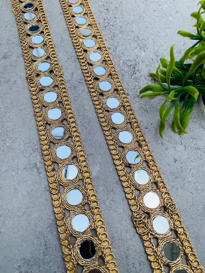 Handcrafted Gold Mirror Lace Trim | Designer Cutwork Border(1 Inch Wide), 1 Yard , Mirror lace fabric, wedding dress trim, Jewelry Accessories, Choker Band, DIY bracelets, Gold zari border, decorative trim, embroidery border, antique lace, lace applique, trim by the yard, vintage lace trim, indian trim
