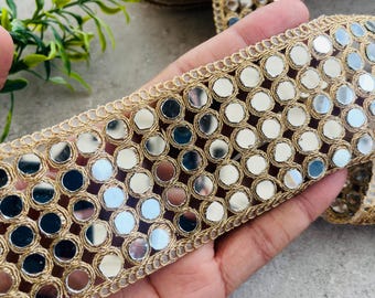 Beautiful Gold Mirror Vine, Glamourous Sari trim, Indian Dupatta Lace, DIY Sewing Decoration Border By yard, 6 CM Wide
