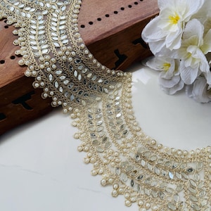 Elegant Golden Scalloped Mirror & Pearls Trim, Broad Embellished Zari Border Trim, Indian Sari Lace, Wedding Decoration Lace , 3.7"Inch Wide