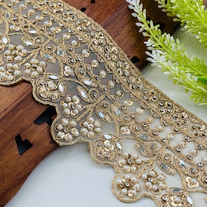Gold Zircon Pearl Semicircle Border Trim: Indian Zari Sari Lace, 9&quot; Wide