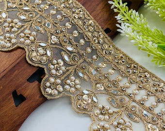 Soft Gold Pearl-Mirror & Zircon Embroidered Trim – 3.5 Inch Wide Scallop Lace Border 1 Yard