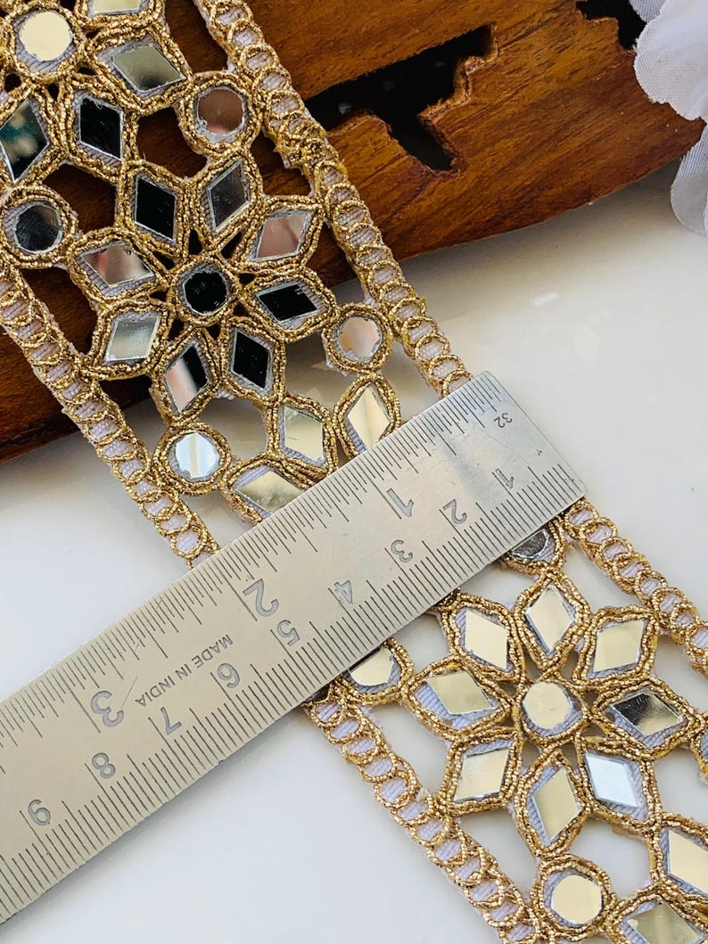 Gold Floral Mirror Sari Border: Indian Wedding Dress Trim ,  DIY Sewing Trim, 1 Yard