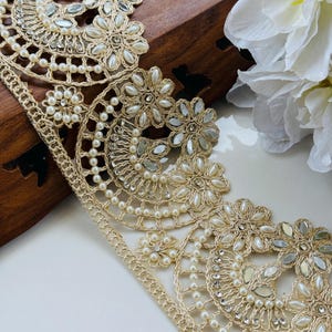 Pearl Embellished Golden Scalloped Mirror Trim Lace, Indian Sari Border Lace, Net Fabric Lehenga Gown Dress Trim , 8"CM Wide
