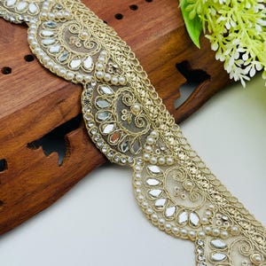 Pearl - Mirror Embellished Golden Scalloped Zircon Trim Lace, Indian Sari Border Lace, Net Fabric Lehenga Gown Dress Trim , 4.5&quot; Cm Wide