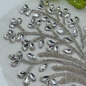 Silver Beaded Zardozi Applique Patch: Indian Handcrafted Floral Embroidery