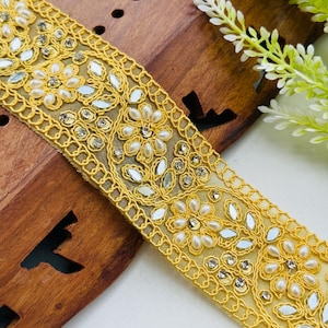 Pearl Mirror Zircon Flower Yellow Trim, Décor Strip for Bordering Saree, Mirror Trim Lace Boho Wedding, Saree Edging Lace Fabric by Yard