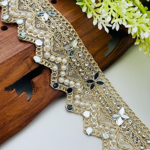 Gold Zircon Pearl Sari Border Lace: Indian Wedding Dress Trim