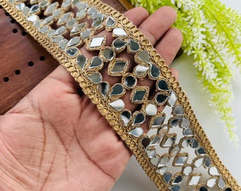 Golden Mirror Work Trim: Geometric Zari Embroidered Lace, 1 Yard