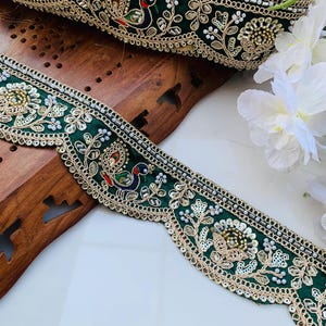 Green & Gold Beaded Sari Lace Trim: Embellished Fabric Border (6 cm Wide)