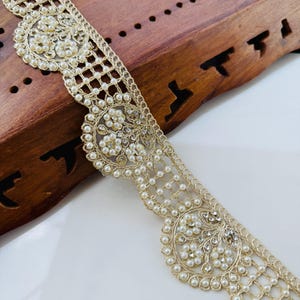 1 Yard Pearl Zircon Pale Golden Embellished Pearl Trim Lace, Indian Sari Border Scalloped Lace, Lehenga Gown Dress Trim By Yard, 2"Inch Wide