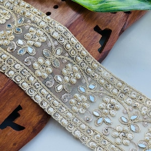 Gold Sequin Pearl & Zircon Vine Trim: Sari Border, Waist Belt - 7.5&quot; Wide