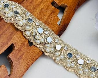Pearl Zardozi Trim: Embroidered Indian Gold Border, Bridal Gown Embellishment