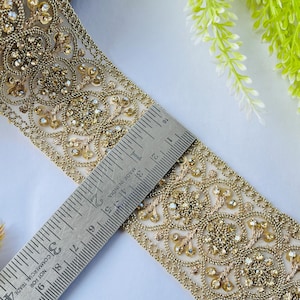 Luxury Gold Rhinestone Embellished Trim, Embroidery Craft Ribbon, 1 Yard , rhinestone trim, gold sari border, bridal dress trim, indian lace ribbon, zari embroidery trim, costume sewing trim, bridal lace border, designer saree lace, gold wedding trim, embroidered trim, rhinestone border, craft embellish trim, sewing supplies