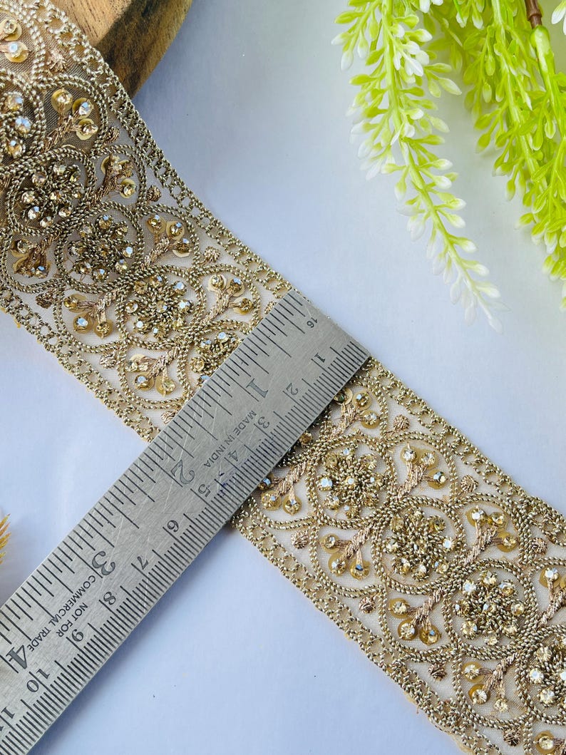 Luxury Gold Rhinestone Embellished Trim, Embroidery Craft Ribbon, 1 Yard , rhinestone trim, gold sari border, bridal dress trim, indian lace ribbon, zari embroidery trim, costume sewing trim, bridal lace border, designer saree lace, gold wedding trim, embroidered trim, rhinestone border, craft embellish trim, sewing supplies