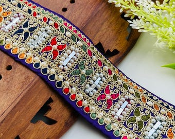 Pearl & Mirror Embellished Trim: Colorful Indian Border Lace - 6" Wide
