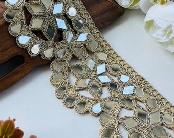 1 Yard , Handcrafted Gold Zari Mirror Work Trim: Scalloped Lace Border