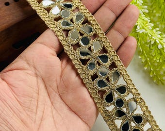 Handcrafted Gold Zari Mirror Work Trim: Scalloped Lace Border, 1 Yard