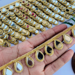 Gold Suspended Mirror Trim, Cutwork Suspended Sari Border, Indian Dupatta Lehenga Lace 3cm Wide