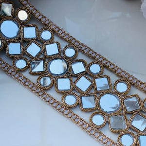 Antique Golden Mirror Geometric Trim, Zari Embellished Border, Wedding Dress Embellishments, Indian Dupatta Lehenga Lace by Yard 6cm Wide