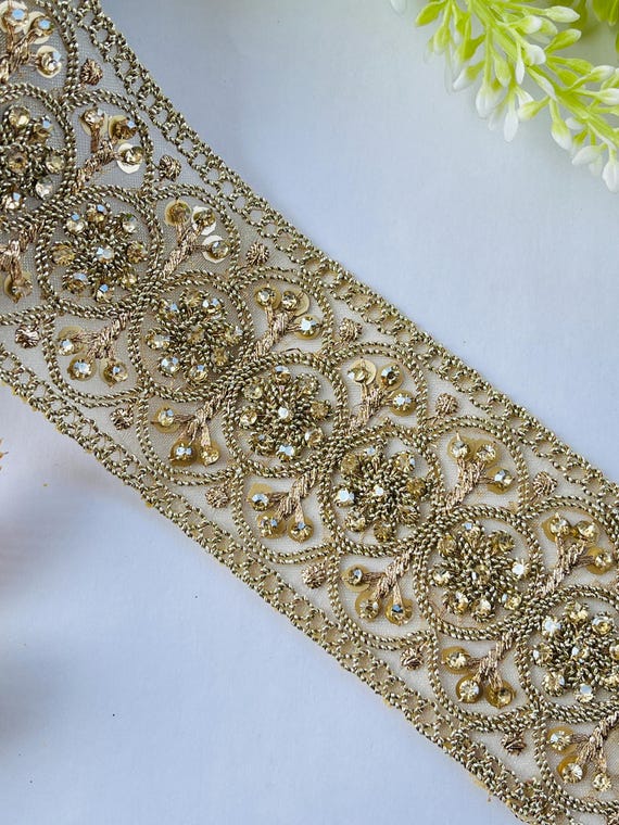 Luxury Gold Rhinestone Embellished Trim, Embroidery Craft Ribbon, 1 Yard