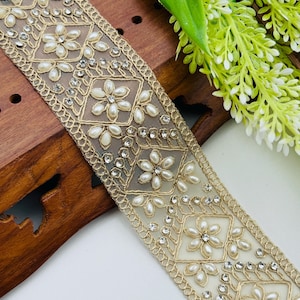 1 Yard Pearl Mirror Zircon Lace Trim | Embellished Gold Saree Border | Luxury Wedding Dress Trim | DIY Sewing & Craft Supplies ,5&quot;CM Wide