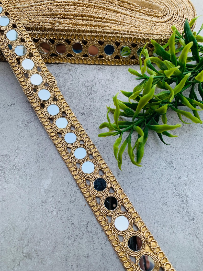 Handcrafted Gold Mirror Lace Trim | Designer Cutwork Border(1 Inch Wide), 1 Yard , Mirror lace fabric, wedding dress trim, Jewelry Accessories, Choker Band, DIY bracelets, Gold zari border, decorative trim, embroidery border, antique lace, lace applique, trim by the yard, vintage lace trim, indian trim