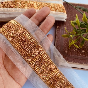 Gold Beaded Organza Lace Trim: Indian Handwork Costume Embellishment