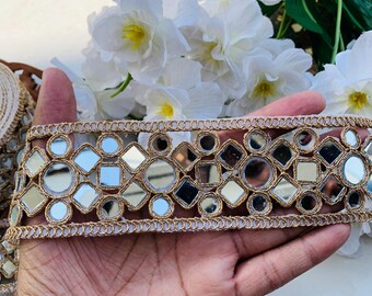 Golden Mirror Geometric Trim: Zari Embellished Indian Lace - 2.2" Wide
