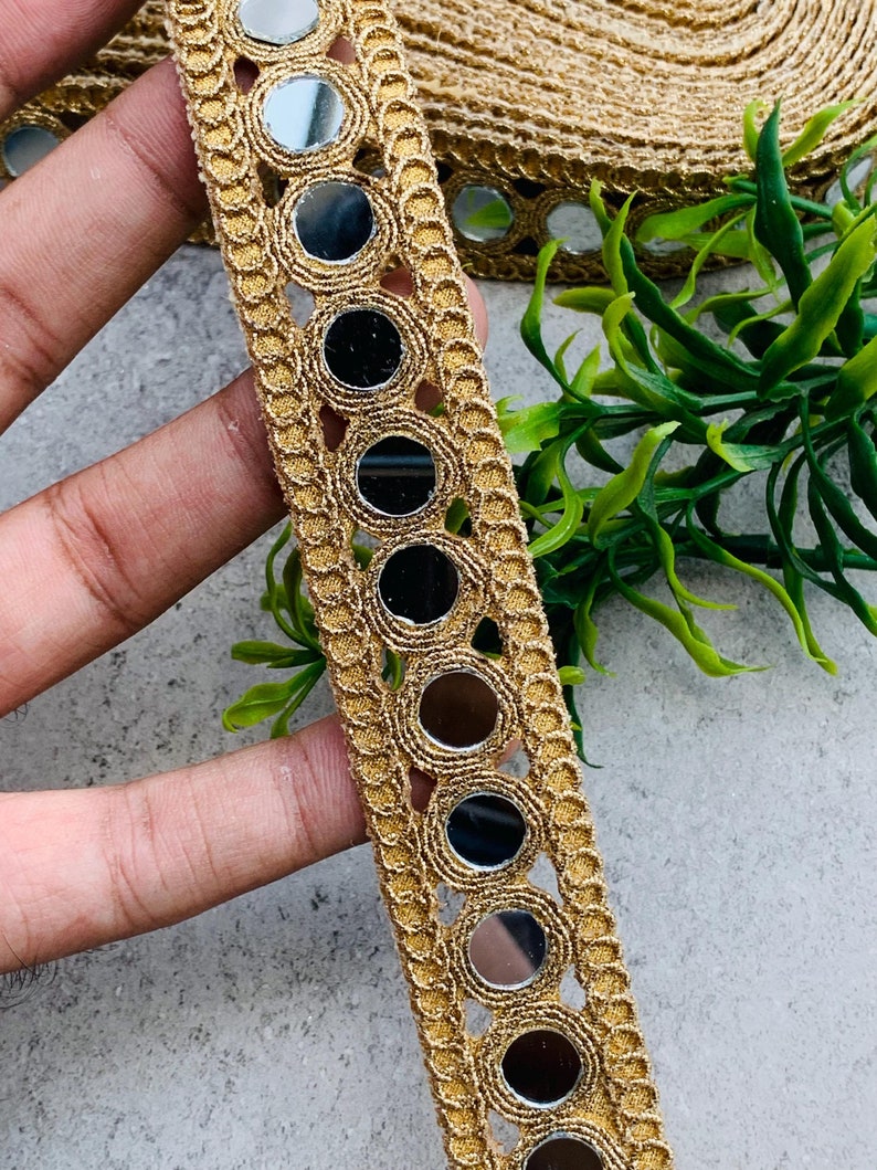 Handcrafted Gold Mirror Lace Trim | Designer Cutwork Border(1 Inch Wide), 1 Yard , Mirror lace fabric, wedding dress trim, Jewelry Accessories, Choker Band, DIY bracelets, Gold zari border, decorative trim, embroidery border, antique lace, lace applique, trim by the yard, vintage lace trim, indian trim