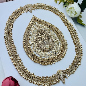 Antique Gold Handmade Zardozi Patch Set | Floral Frame Center Motif