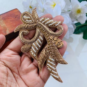 Gold Handcrafted Indian Zardozi Embroidered Sequin Applique Sew On Patch, Decorative Beaded Wedding Dress