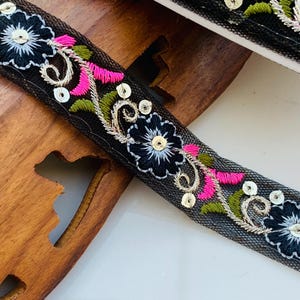 Black Net Lace Trim: Colorful Embroidered Indian Border (2.5 cm Wide)