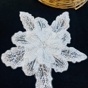 Embroidered Sequin Applique Patch: White Glass Bead Tussle, Indian DIY Sewing