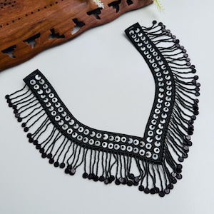 Black Glass Bead Zardozi Neckline Patch: Indian Dress Applique