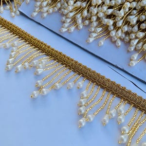 Antique Gold Mini Cutdana & Pearl Indian Beaded Tassel Dupatta Lace, Suspended Fringe Beaded Trim, Indian Lehenga Dupatta Lace