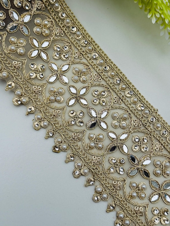 Pearl & Gold Embellished Lace Trim: 3