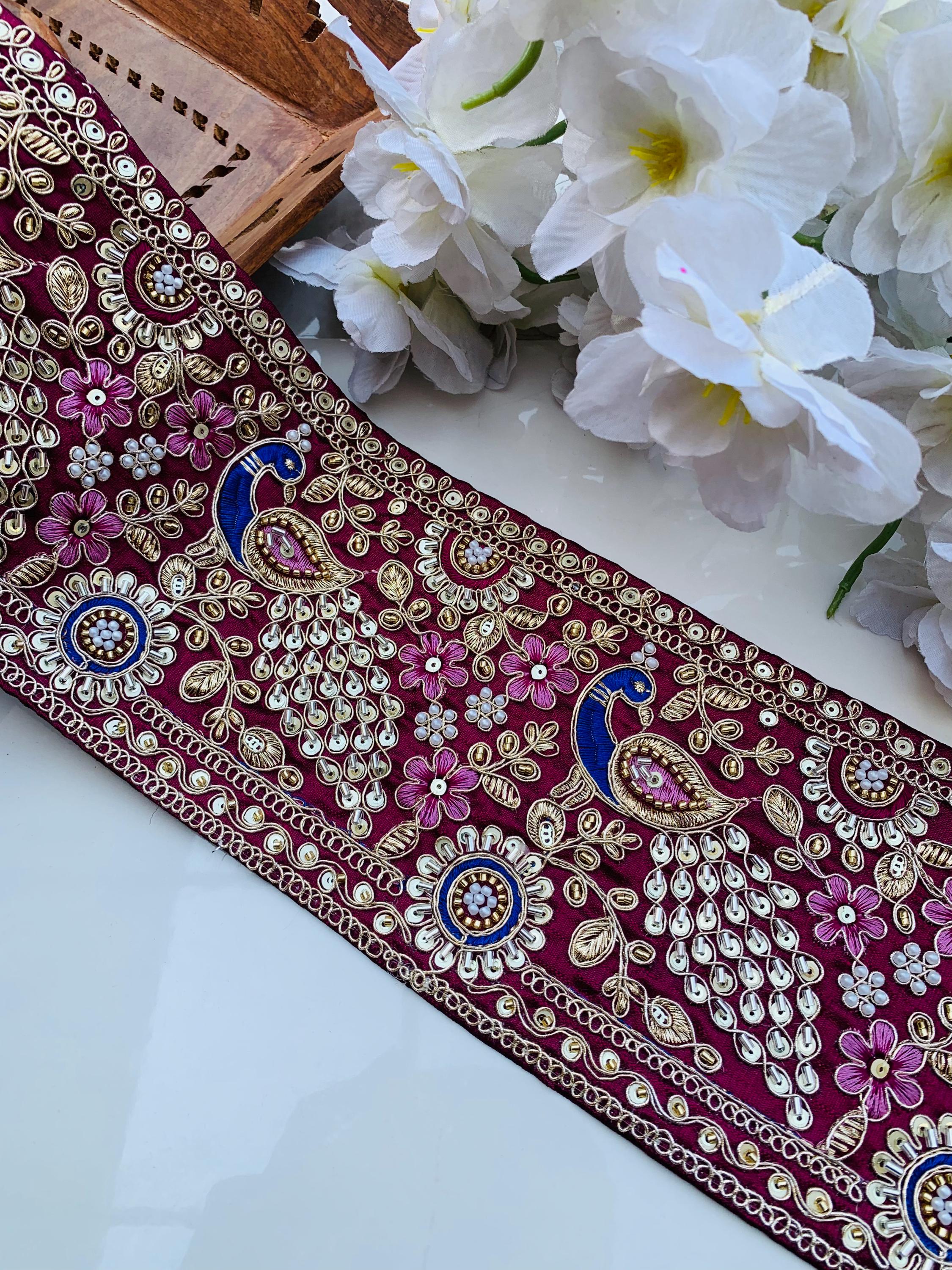 Dark Wine And Antique Golden Peacock  Beadswork & Gold Sequin Zari Embroidered Trim Lace, Elegant Dress Embellishment Lace 13 cm Wide