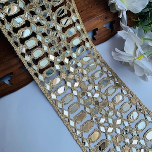 Pale Gold Symmetric Mirror Trim, Cutwork Suspended Sari Border, Wedding Dress Embellishments, Indian Dupatta Lehenga Lace 4.7&quot;Inch Wide