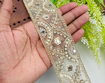 Floral Pearl Embroidered Lace Trim: Gold Zari Saree Border, 5cm Wide