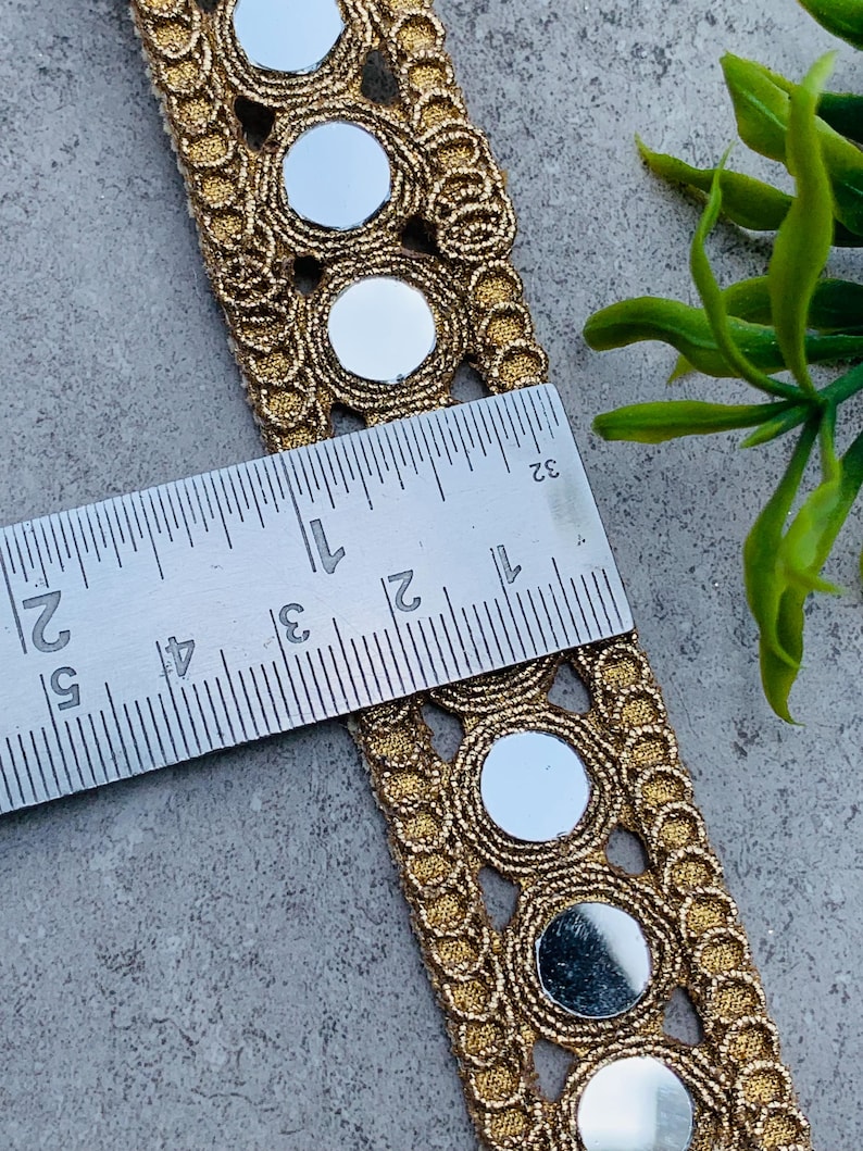 Handcrafted Gold Mirror Lace Trim | Designer Cutwork Border(1 Inch Wide), 1 Yard , Mirror lace fabric, wedding dress trim, Jewelry Accessories, Choker Band, DIY bracelets, Gold zari border, decorative trim, embroidery border, antique lace, lace applique, trim by the yard, vintage lace trim, indian trim