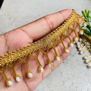 Indian Gold Beaded Tassel Lace Trim, Gold Tassel Trim, Fringe / Drapery, Beaded Trims, Beaded Tassel Trims, Golden Lace , Beading Fringe