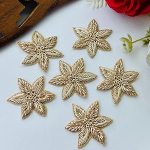 手作りのゴールドザルドージ刺繍スターリーフアップリケパッチ：インド風刺繍トリム、6枚セット