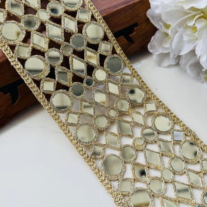 Dark Gold Rectangular Mirror Lace Trim: 3.55&quot; Wide, Dress Decoration