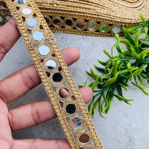 Handcrafted Gold Mirror Lace Trim | Designer Cutwork Border(1 Inch Wide), 1 Yard , Mirror lace fabric, wedding dress trim, Jewelry Accessories, Choker Band, DIY bracelets, Gold zari border, decorative trim, embroidery border, antique lace, lace applique, trim by the yard, vintage lace trim, indian trim