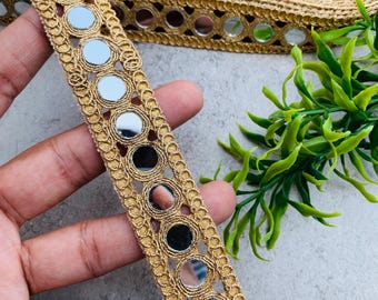 Borde de encaje con espejo dorado hecho a mano / Borde calado de diseñador (1 pulgada de ancho), 1 yarda